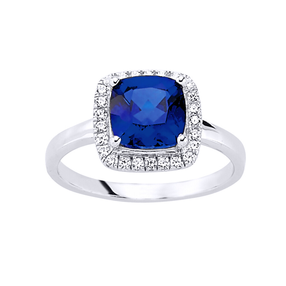 (Q) Jewelco London Ladies Rhodium Plated Sterling Silver Blue Square Cubic Zirconia Halo Cluster Solitaire Engagement Ring