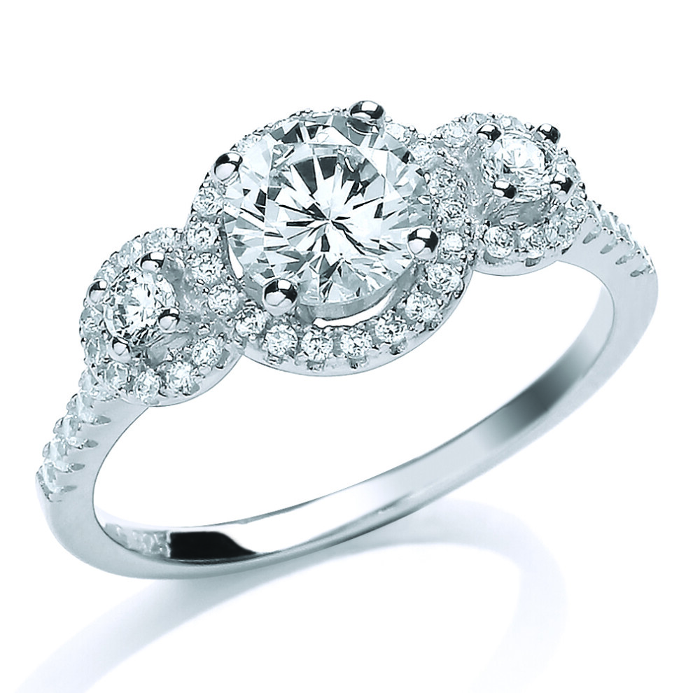(Q) Jewelco London Ladies Rhodium Plated Sterling Silver Cubic Zirconia Halo Trilogy Engagement Ring