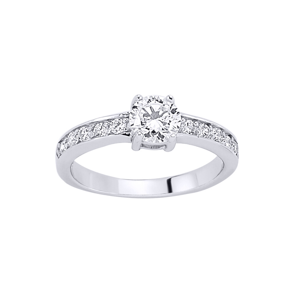 (Q) Jewelco London Ladies Rhodium Plated Sterling Silver Cubic Zirconia Shoulder-Set 4 Claw Solitaire Engagement Ring