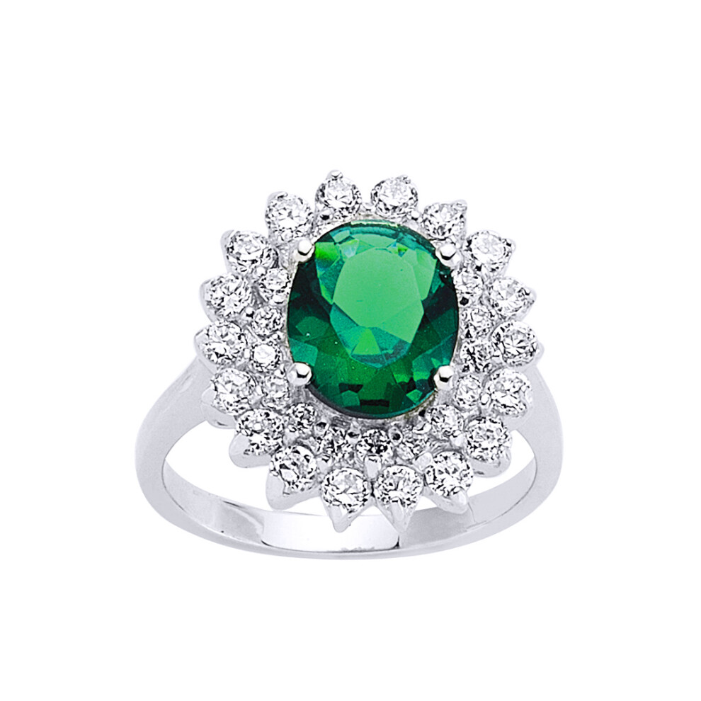 (Q) Jewelco London Ladies Rhodium Plated Sterling Silver Green Oval Cubic Zirconia Royal Cluster Solitaire Engagement Ring