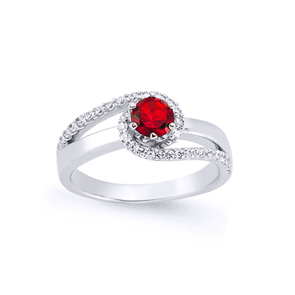 (Q) Jewelco London Ladies Rhodium Plated Sterling Silver Red Cubic Zirconia Whirlpool Tornado Solitaire Engagement Ring