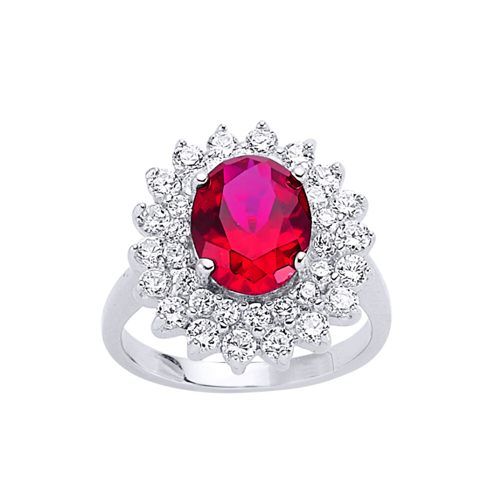 (Q) Jewelco London Ladies Rhodium Plated Sterling Silver Red Oval Cubic Zirconia Royal Cluster Solitaire Engagement Ring