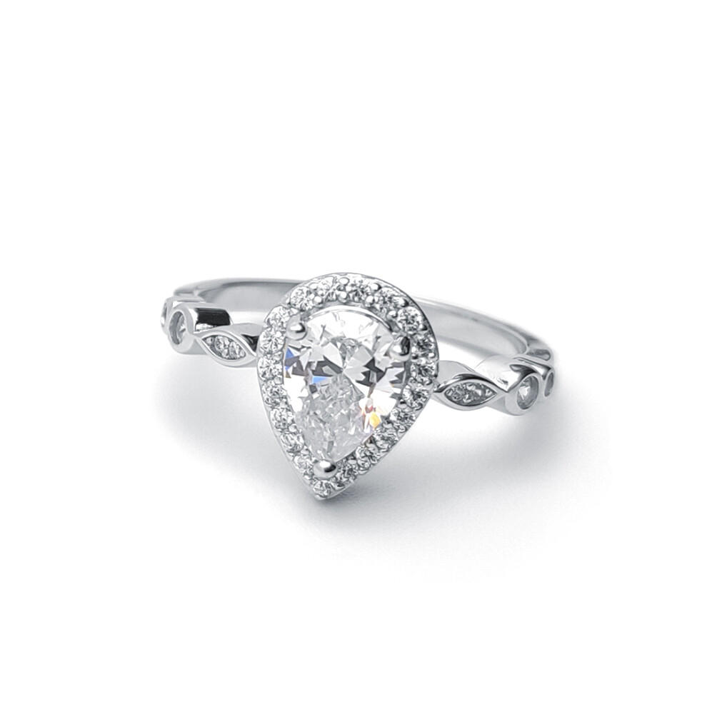 (Q) Jewelco London Ladies Rhodium Plated Sterling Silver Round & Pear CZ Shoulder-set Halo Solitaire Engagement Ring - ARN134 - Image 2
