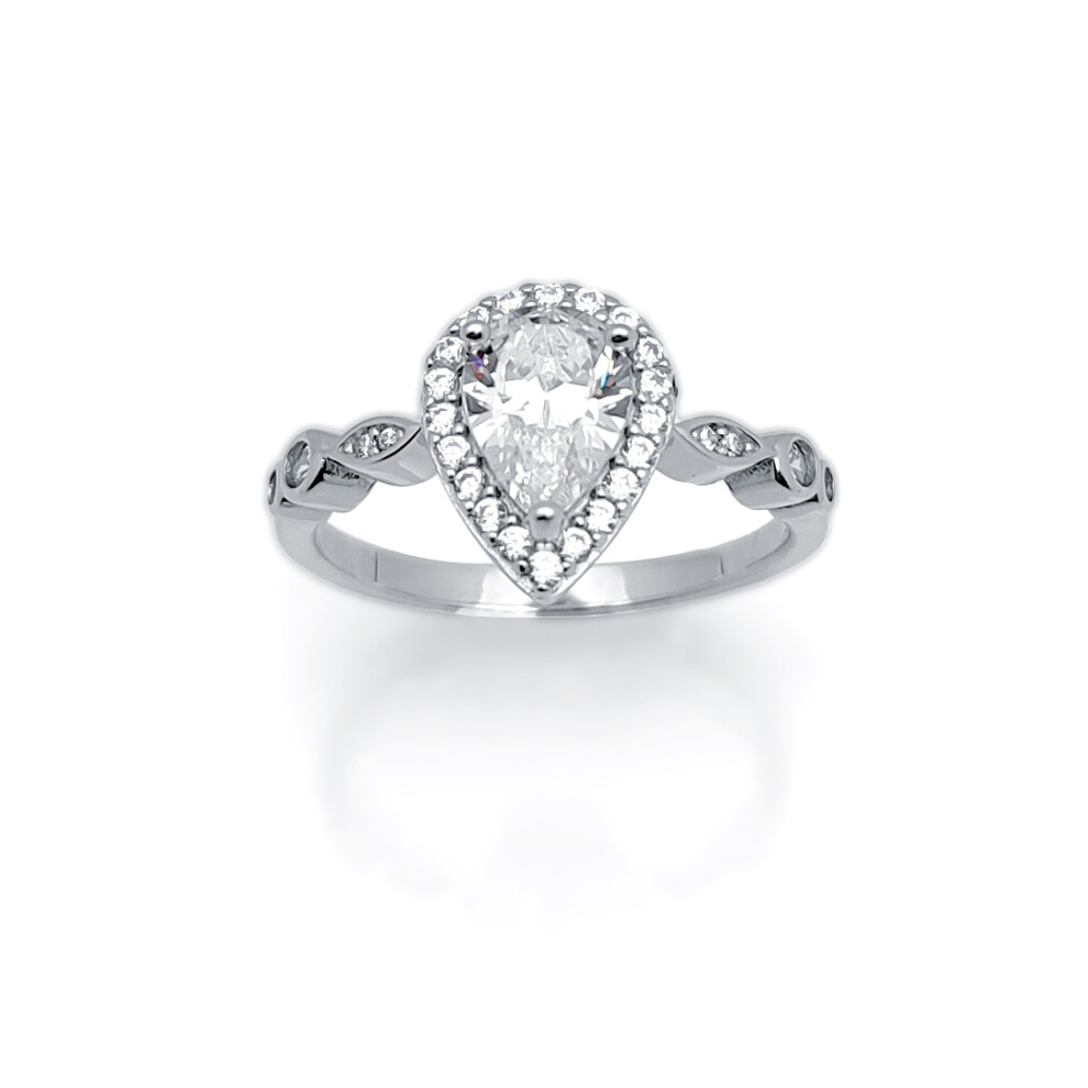 (Q) Jewelco London Ladies Rhodium Plated Sterling Silver Round & Pear CZ Shoulder-set Halo Solitaire Engagement Ring - ARN134