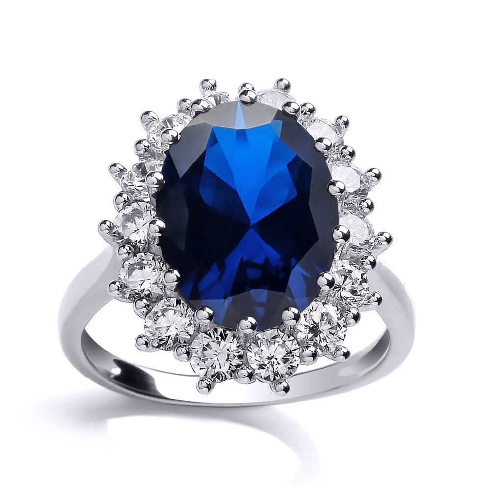 (Q) Jewelco London Ladies Rhodium Sterling Silver Blue Oval Cubic Zirconia Royal Princess Cluster Solitaire Engagement Ring