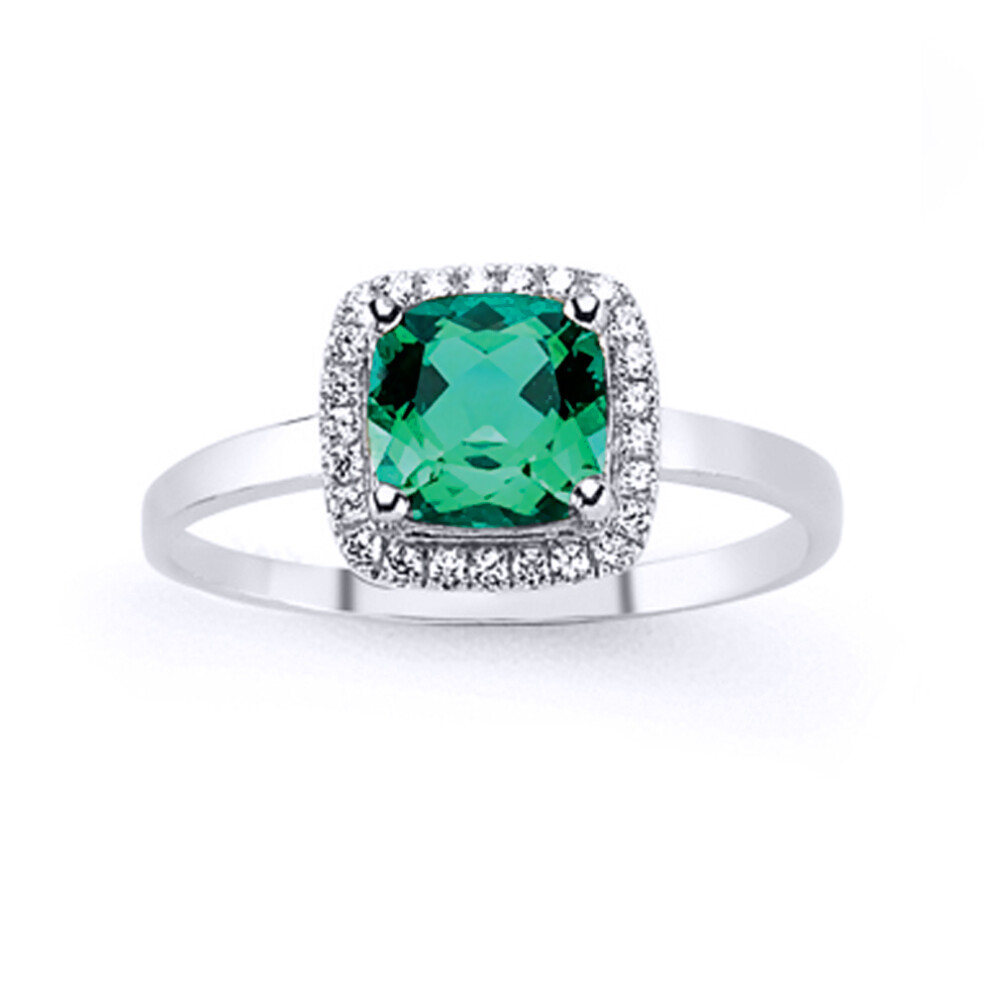 (Q) Jewelco London Ladies Rhodium Sterling Silver Green Asscher Cubic Zirconia Halo Cluster Solitaire Engagement Ring