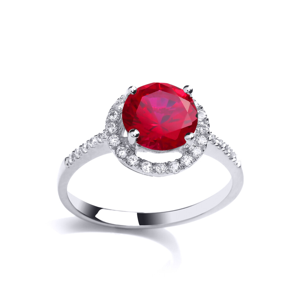 (Q) Jewelco London Ladies Rhodium Sterling Silver Rose red Cubic zirconia Shoulder-Set Halo Solitaire Engagement Ring