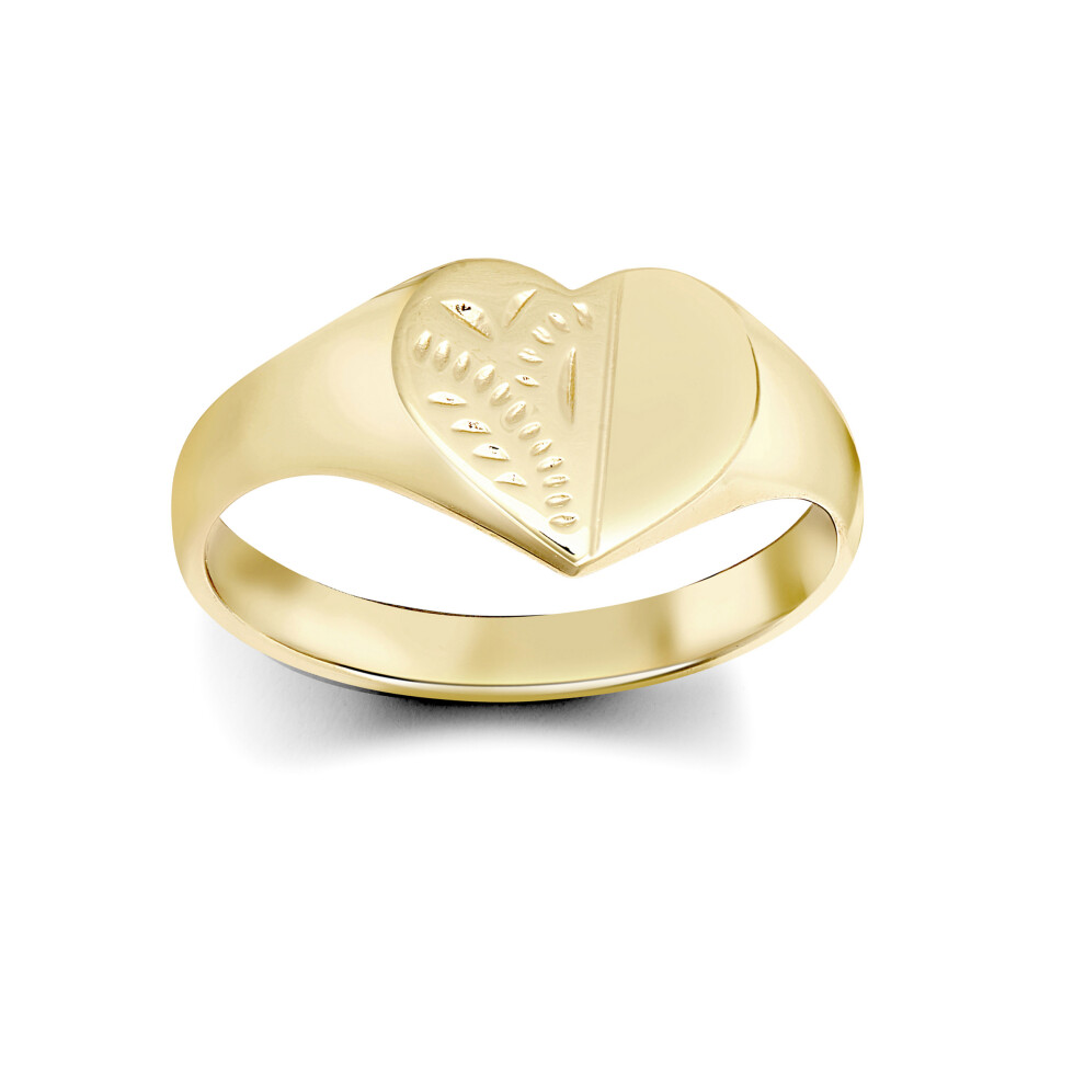 (Q) Jewelco London Ladies Solid 9ct Yellow Gold Diamond Cut Love Heart Signet Ring