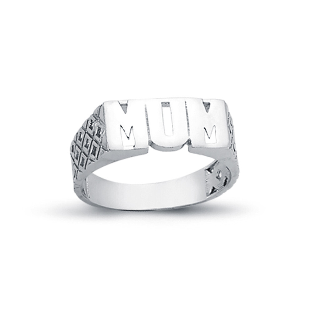 (Q) Jewelco London Rhodium Plated Sterling Silver MUM Signet ID Ring 6mm