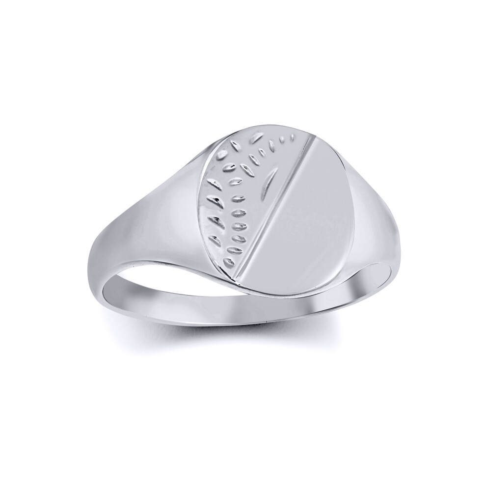 (Q) Jewelco London Solid Rhodium-plated 925 Sterling Silver Diamond Cut Round Oval Signet Ring - ARN126