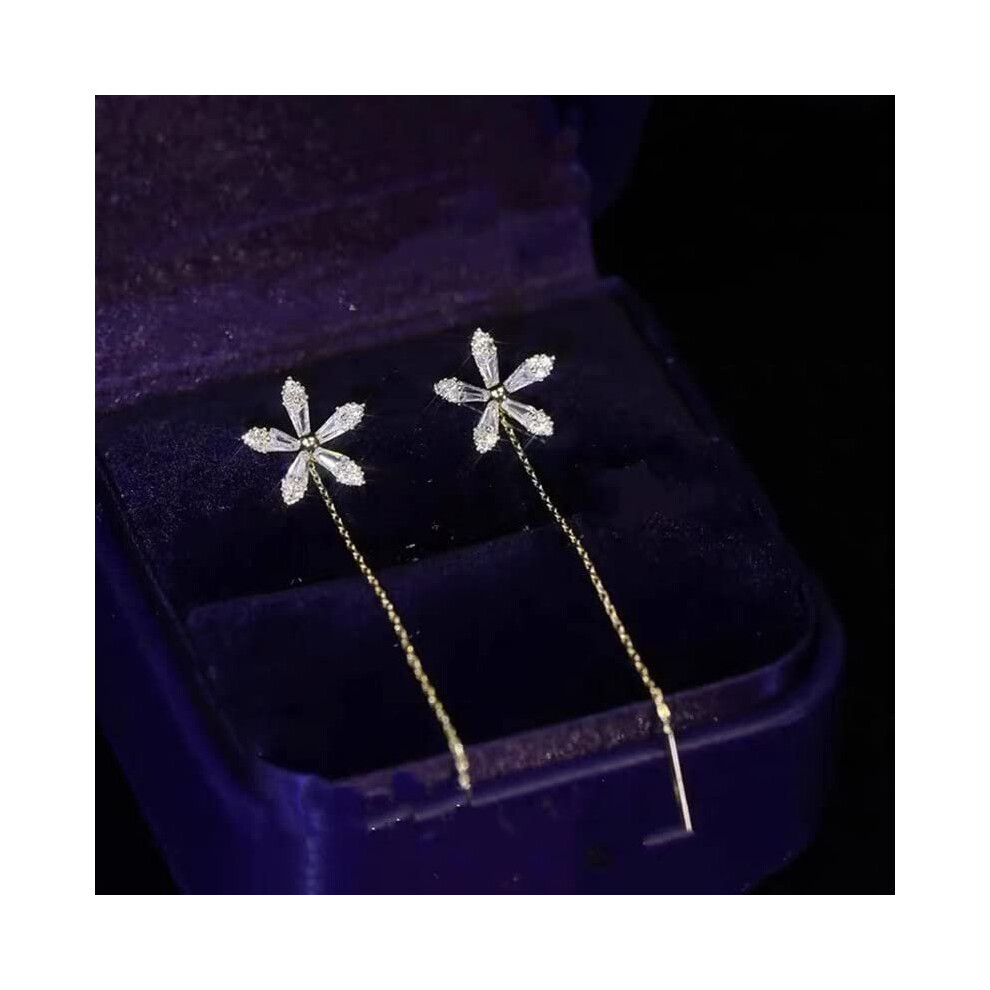 QIEU Shiny Diamond Flower Earrings,Crystal Flowers Tassel Chain Dangle Drop Earrings,Cute Simple Threader Long Chain Statement Studs Earring Jewelry - Image 3
