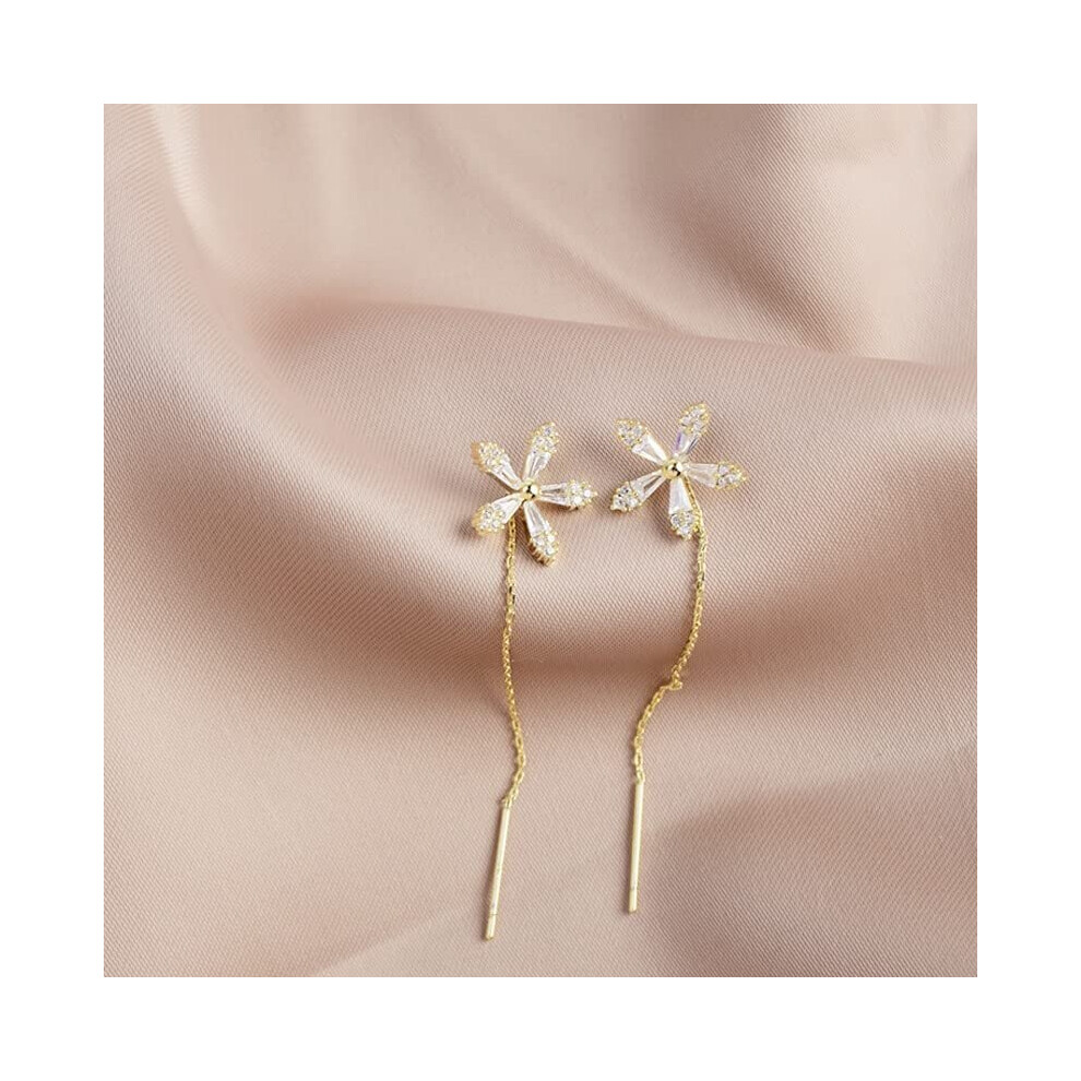 QIEU Shiny Diamond Flower Earrings,Crystal Flowers Tassel Chain Dangle Drop Earrings,Cute Simple Threader Long Chain Statement Studs Earring Jewelry - Image 5