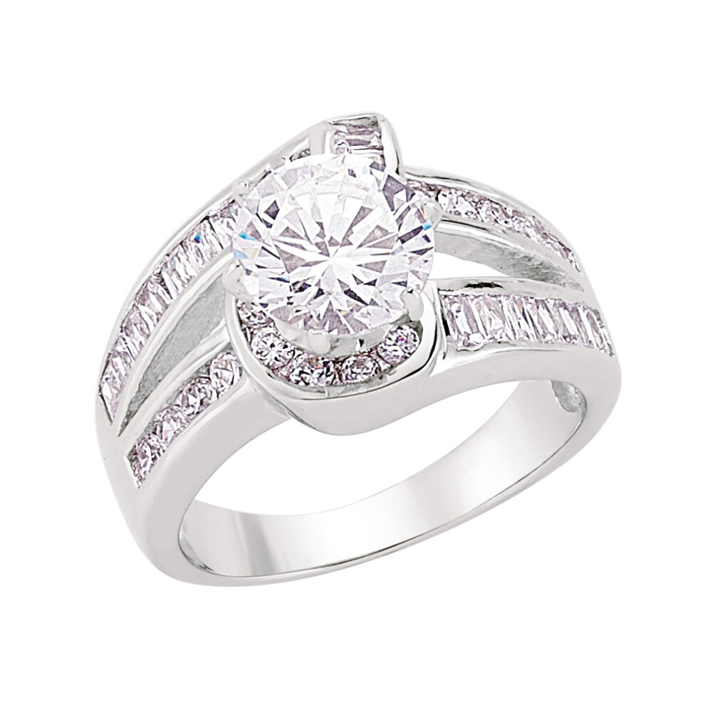 (R) Jewelco London Ladies Rhodium Plated Sterling Silver Baguette Cubic Zirconia Crossover Twist Solitaire Engagement Ring