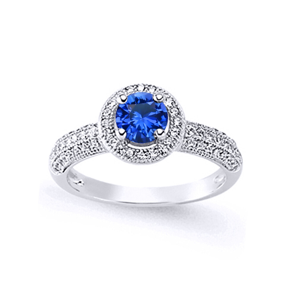 (R) Jewelco London Ladies Rhodium Plated Sterling Silver Blue Cubic Zirconia Halo Engagement Ring