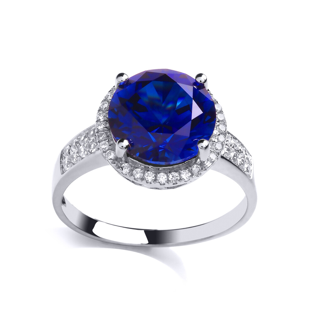 (R) Jewelco London Ladies Rhodium Plated Sterling Silver Blue Cubic Zirconia Halo Solitaire Engagement Ring