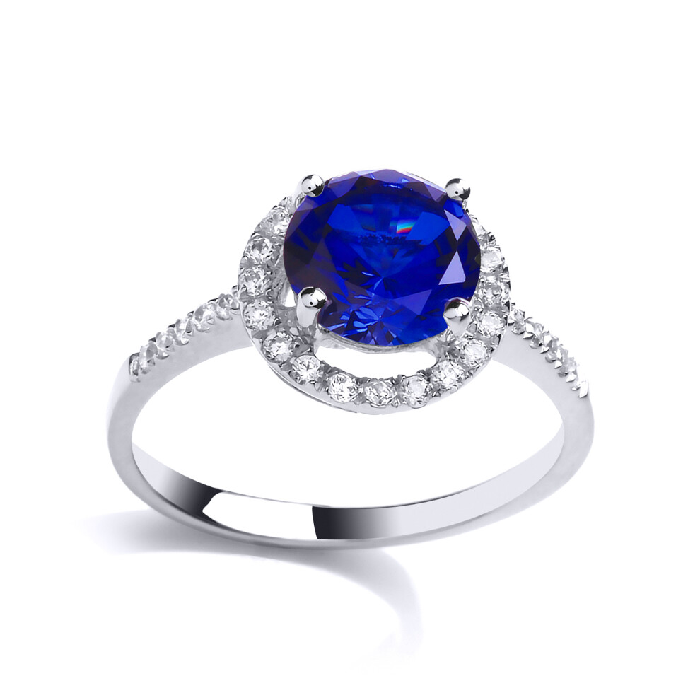 (R) Jewelco London Ladies Rhodium Plated Sterling Silver Blue Cubic zirconia Halo Solitaire Engagement Ring