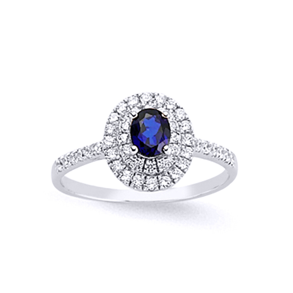 (R) Jewelco London Ladies Rhodium Plated Sterling Silver Blue Oval Cubic Zirconia Halo Engagement Ring
