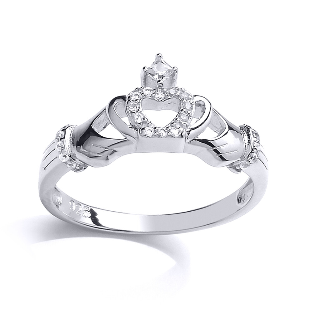 (R) Jewelco London Ladies Rhodium Plated Sterling Silver Cubic Zirconia Claddagh Dress Ring