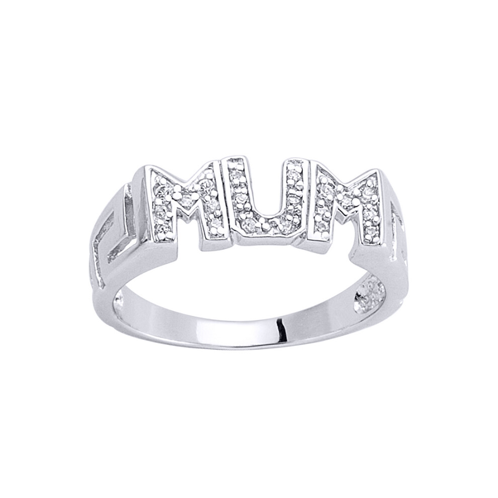 (R) Jewelco London Ladies Rhodium Plated Sterling Silver Cubic Zirconia Greek Key Pave MUM ID Signet Ring