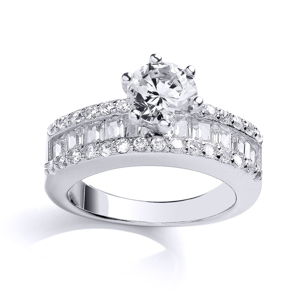 (R) Jewelco London Ladies Rhodium Plated Sterling Silver Cubic Zirconia Shoulder-Set 6 Claw Solitaire Engagement Ring