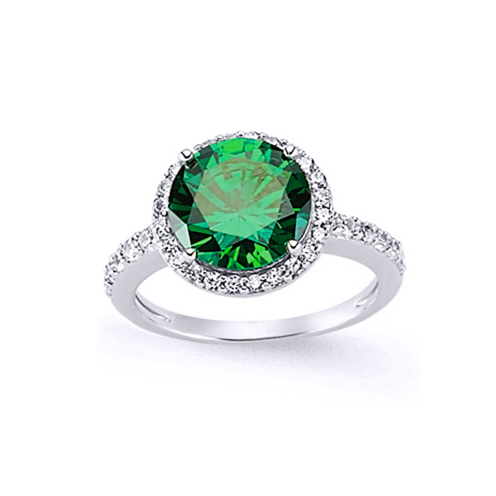 (R) Jewelco London Ladies Rhodium Plated Sterling Silver Green Cubic Zirconia Halo Engagement Ring