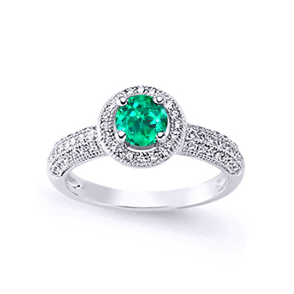 (R) Jewelco London Ladies Rhodium Plated Sterling Silver Green Cubic Zirconia Halo Engagement Ring