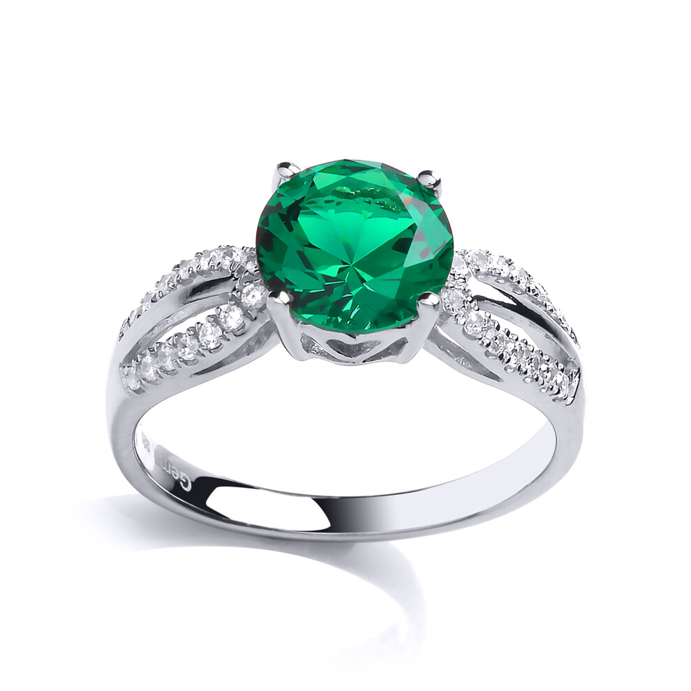 (R) Jewelco London Ladies Rhodium Plated Sterling Silver Green Cubic Zirconia Shoulder Set Solitaire Engagement Ring