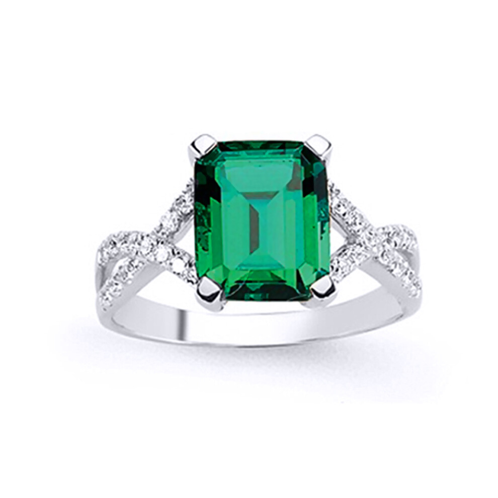 (R) Jewelco London Ladies Rhodium Plated Sterling Silver Green Emerald Cut Cubic Zirconia Criss Cross Engagement Ring