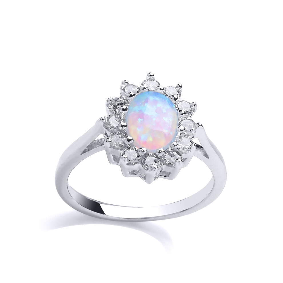 (R) Jewelco London Ladies Rhodium Plated Sterling Silver oval opal Royal Cluster Cluster Ring