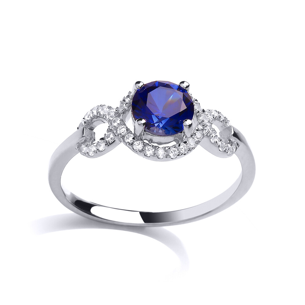 (R) Jewelco London Ladies Rhodium Sterling Silver Blue Cubic zirconia Shoulder-Set Infinity Solitaire Engagement Ring