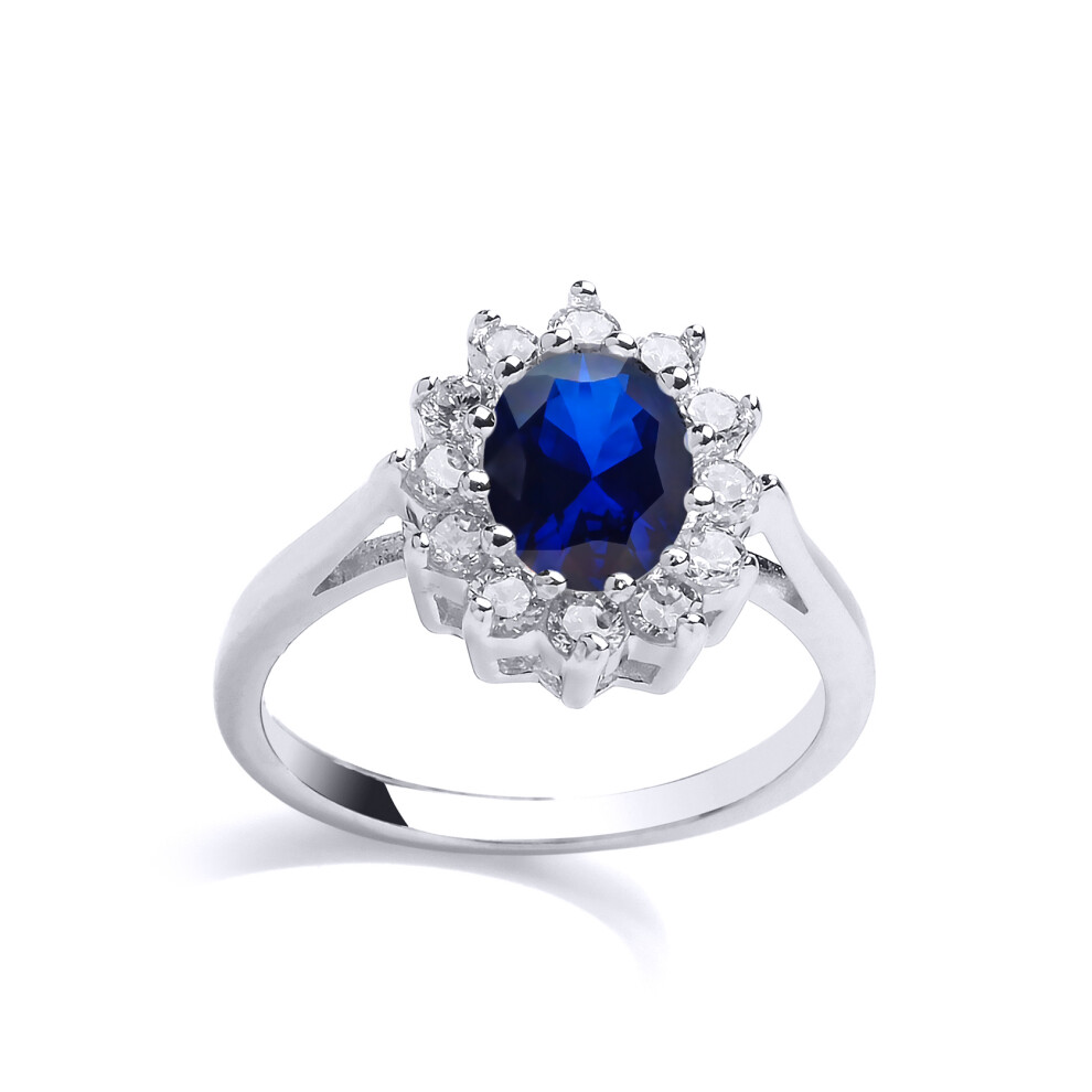 (R) Jewelco London Ladies Rhodium Sterling Silver Blue Oval Cubic Zirconia Royal Princess Lady Di Cluster Cluster Ring