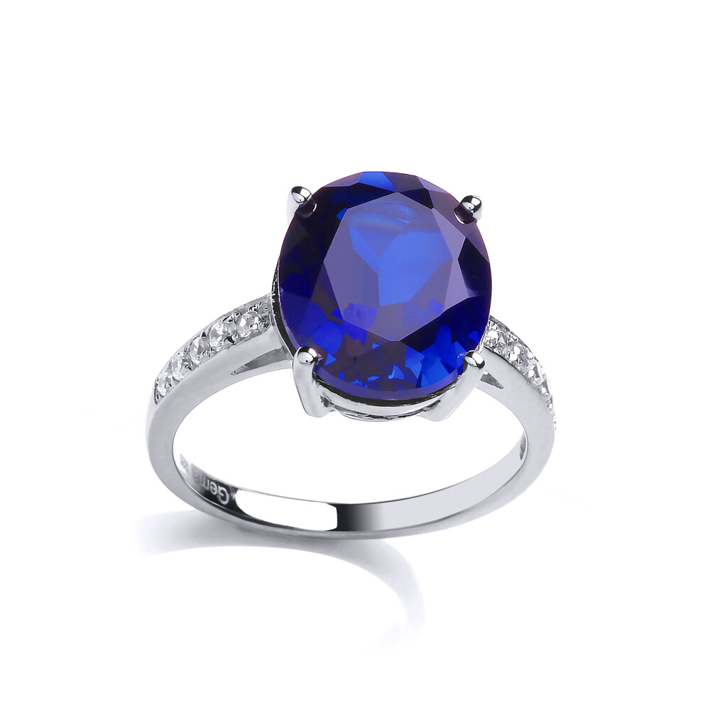 (R) Jewelco London Ladies Rhodium Sterling Silver Blue oval Cubic zirconia Shoulder-Set 4 Claw Solitaire Engagement Ring