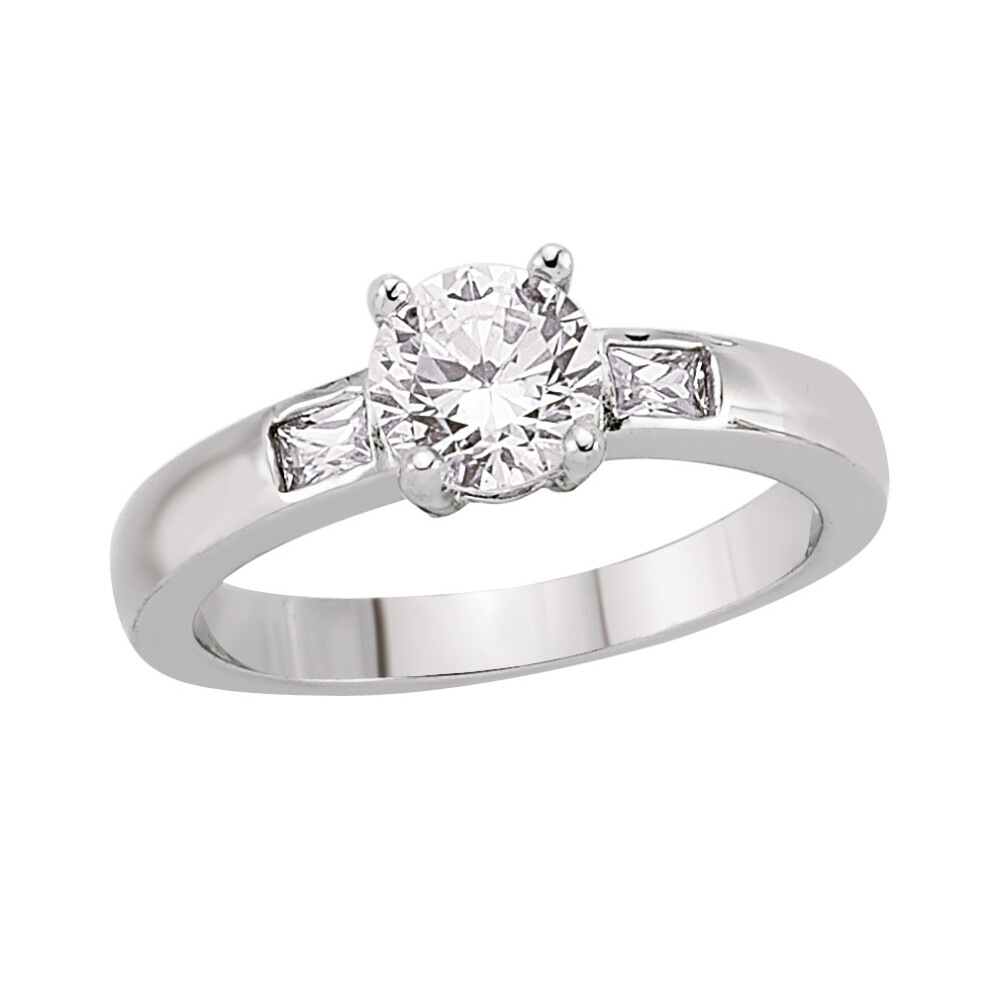 (R) Jewelco London Ladies Rhodium Sterling Silver Rectangular Cubic Zirconia Shoulder-Set 4 Claw Solitaire Engagement Ring