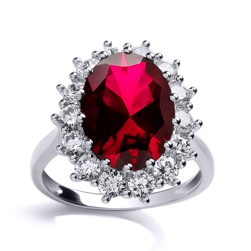 (R) Jewelco London Ladies Rhodium Sterling Silver Red Oval Cubic Zirconia Royal Princess Cluster Solitaire Engagement Ring