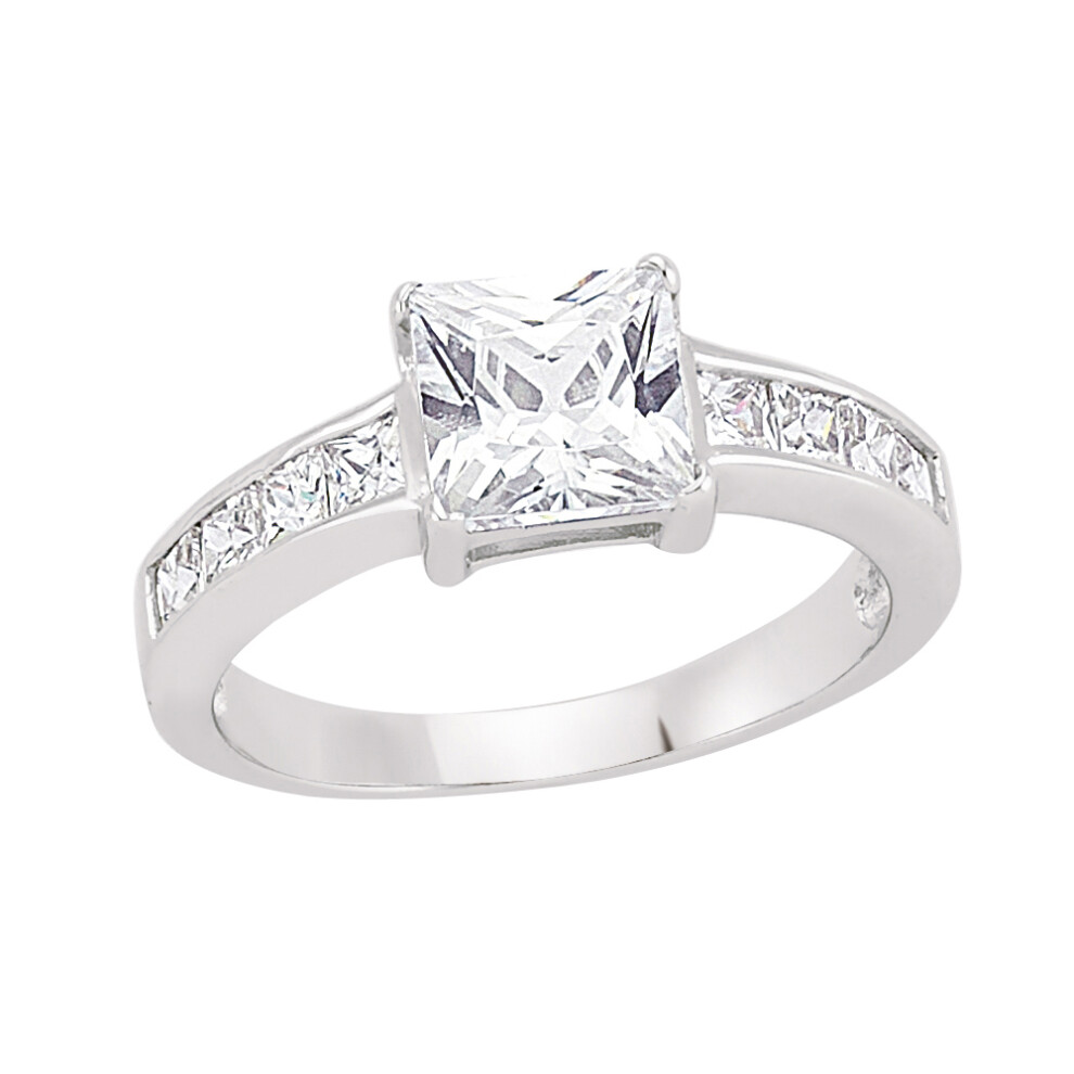 (R) Jewelco London Ladies Rhodium Sterling Silver Square Cubic Zirconia Shoulder-Set 4 Claw Solitaire Engagement Ring