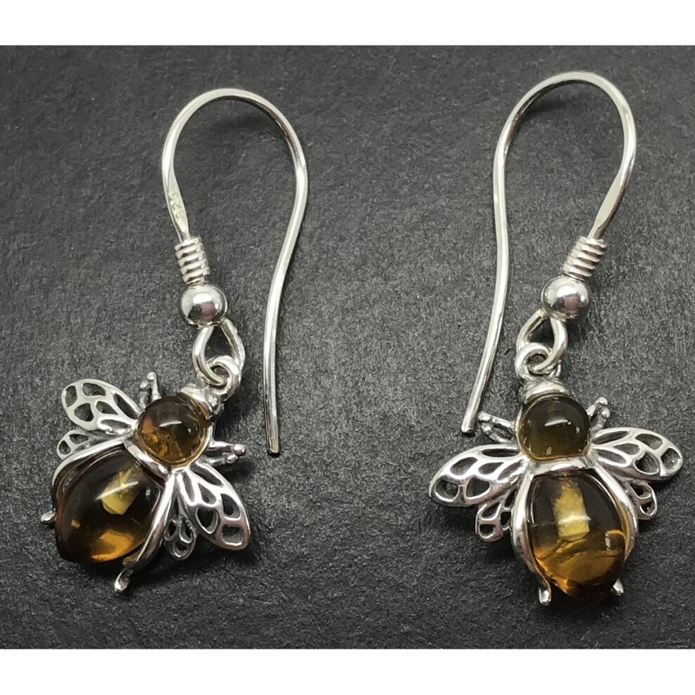Real amber bee drop earrings, solid Sterling Silver. - Image 3