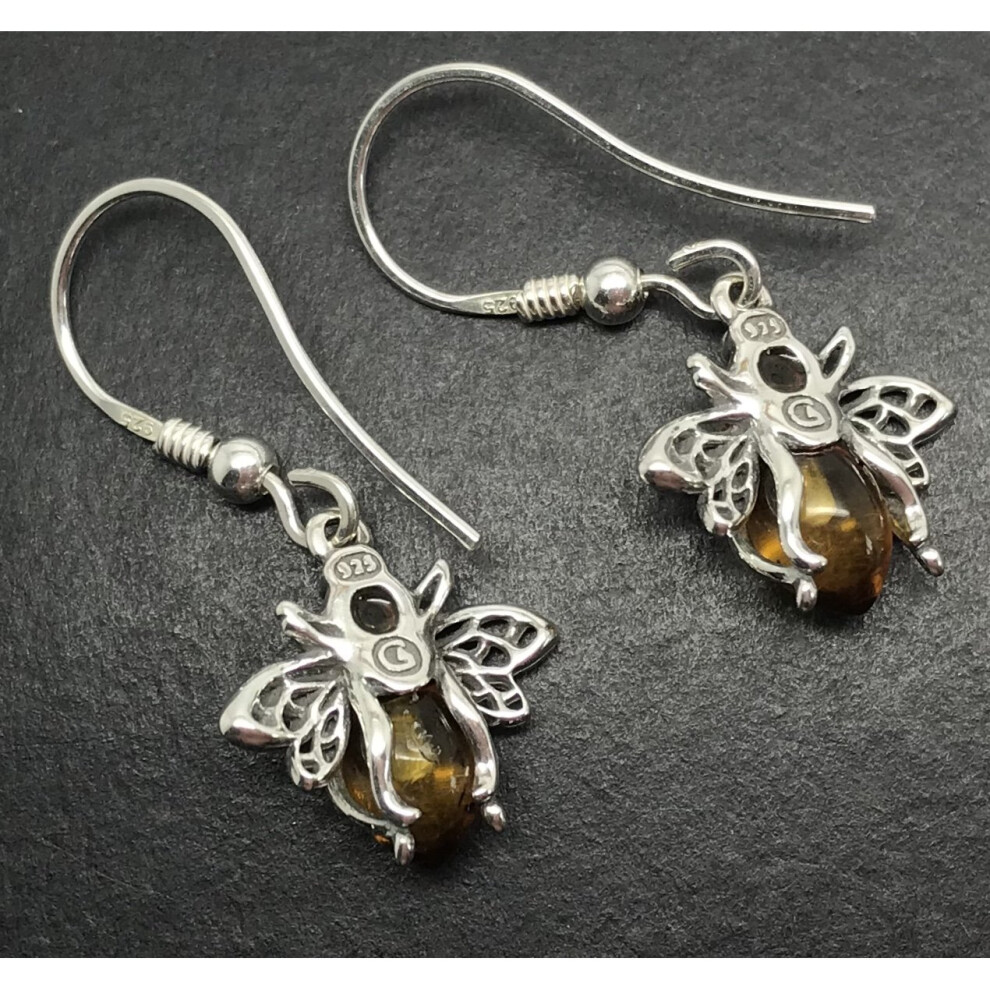 Real amber bee drop earrings, solid Sterling Silver. - Image 6