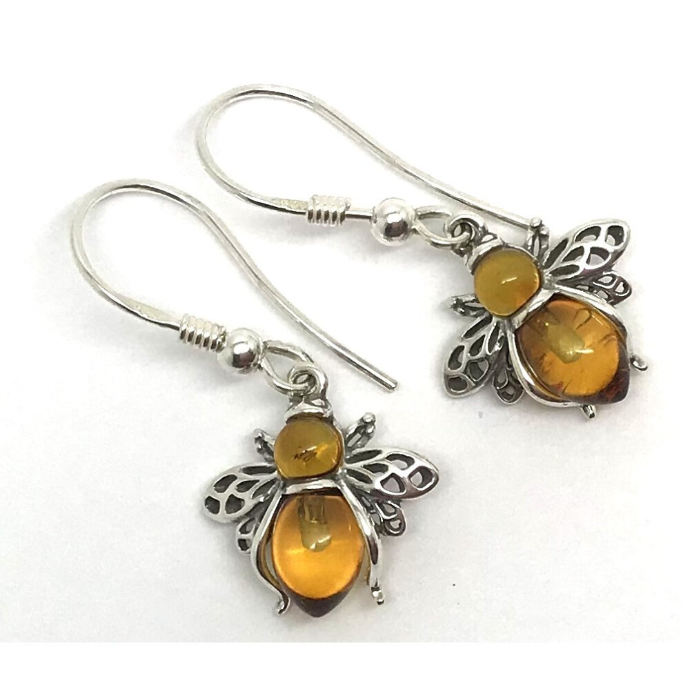 Real amber bee drop earrings, solid Sterling Silver.