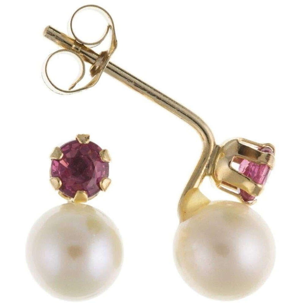 Ruby and Freshwater Pearl Earrings Solid 9 Carat Yellow Gold Studs Natural Stone