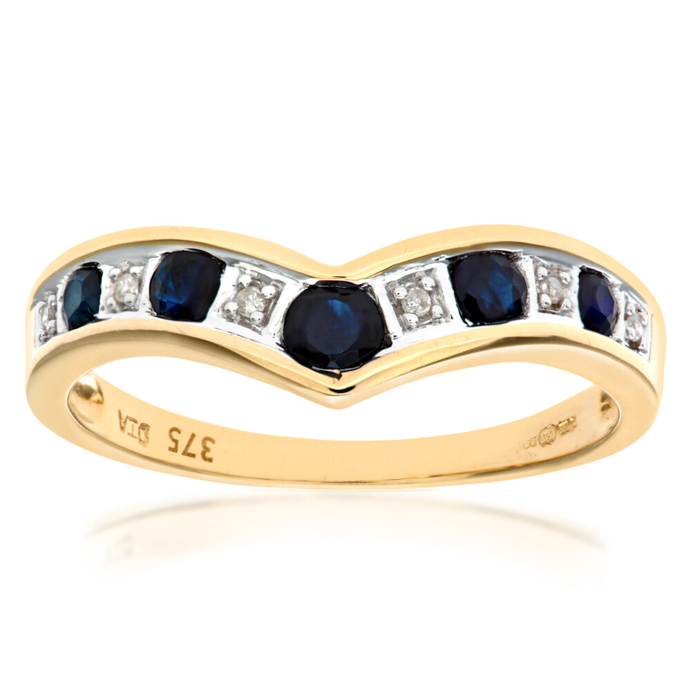 (S) Jewelco London 9ct Yellow Gold Sapphire & Diamond Wishbone Ring