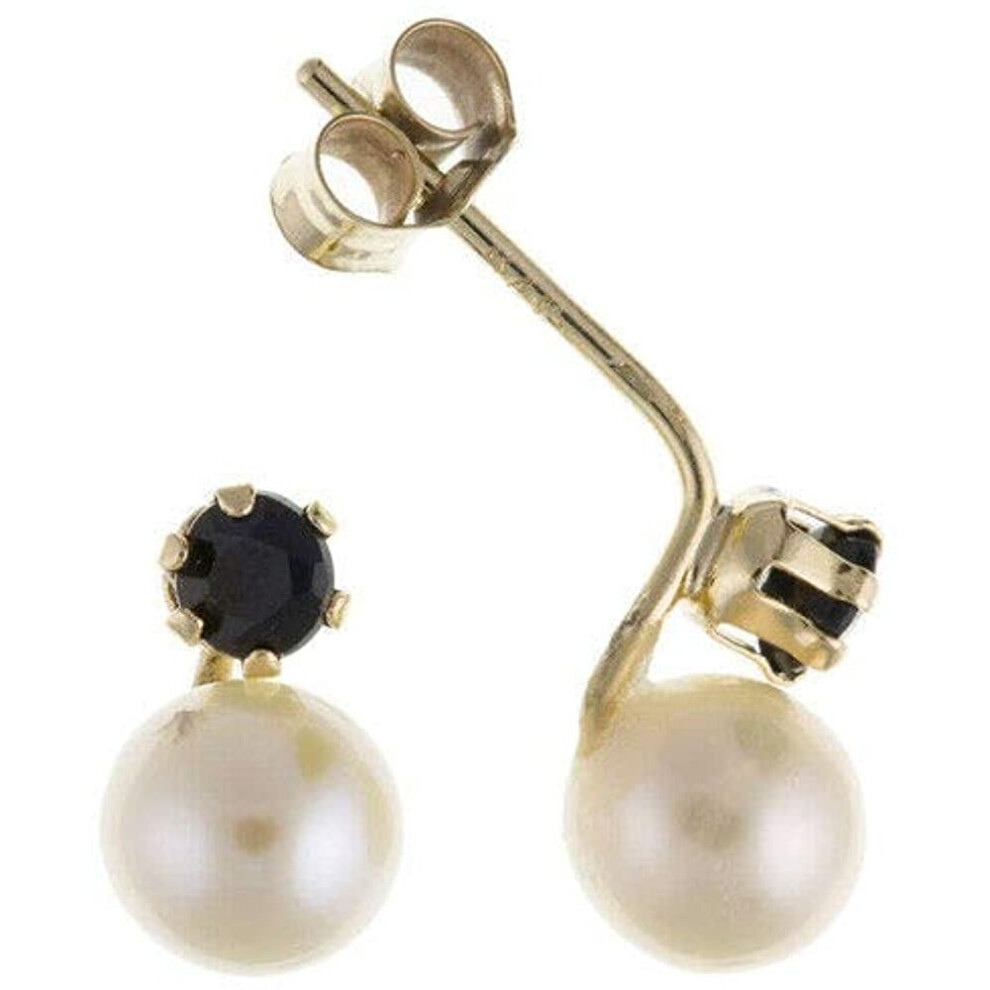 Sapphire and Pearl Earrings Yellow Gold Freshwater Cultured Studs Natural Stones - Image 2