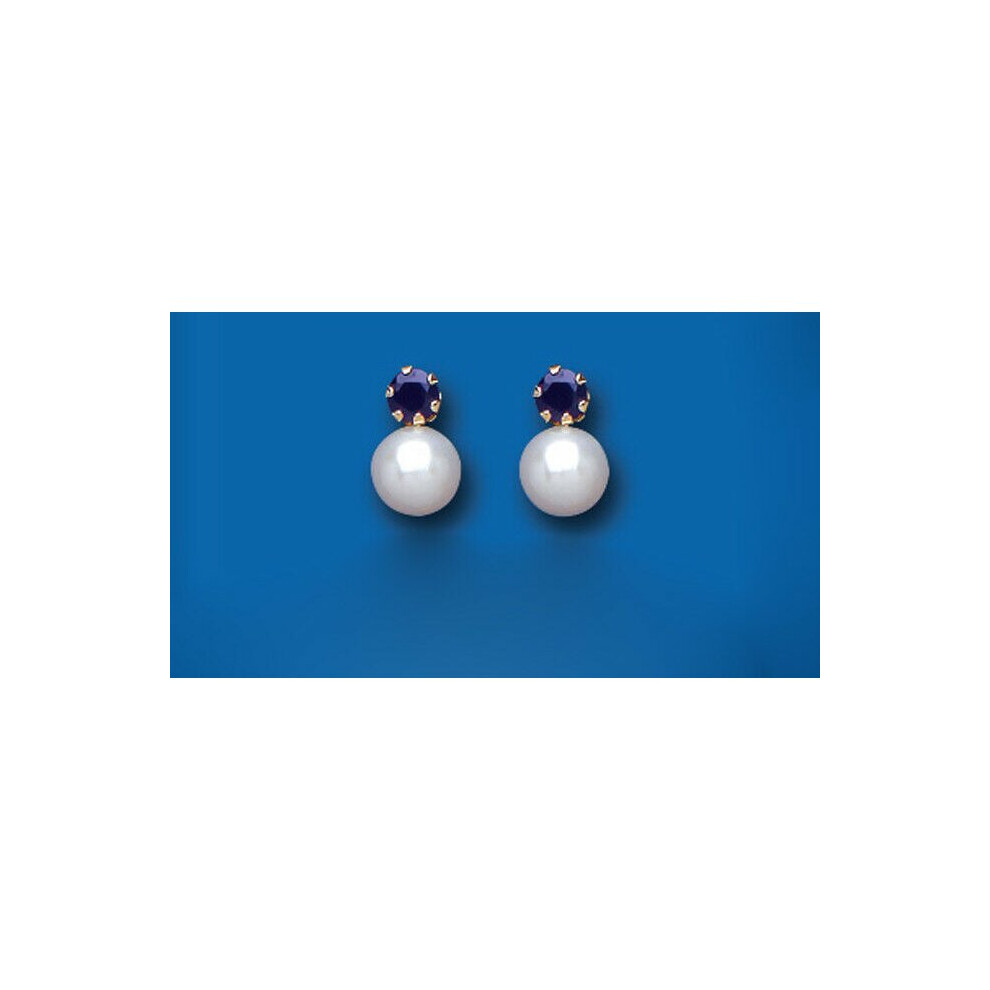 Sapphire and Pearl Earrings Yellow Gold Freshwater Cultured Studs Natural Stones - Image 4