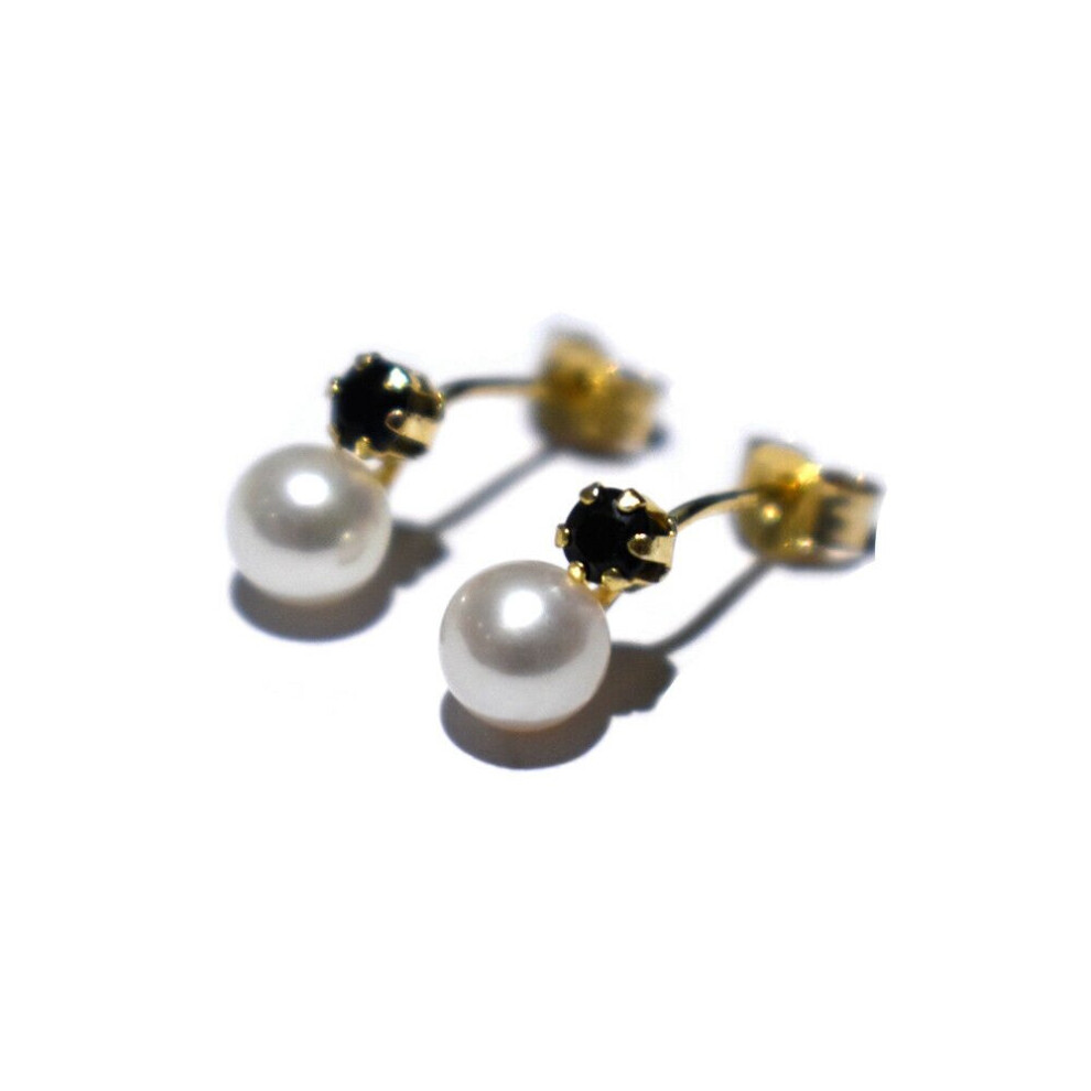 Sapphire and Pearl Earrings Yellow Gold Freshwater Cultured Studs Natural Stones - Image 5