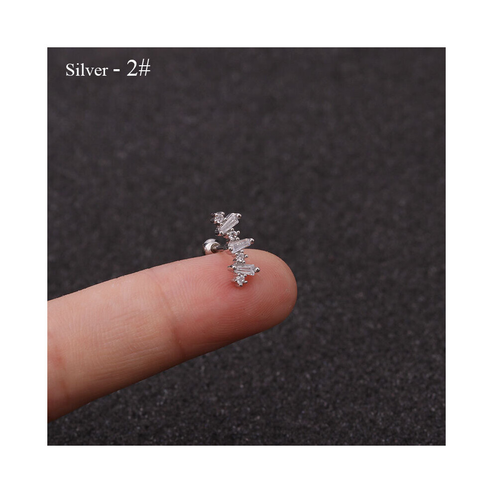 (silver-5) Rose Curved Cz Cartilage Stud Helix Rook Conch Screw Back Earring 10g Stainless Steel Ear Piercing Jewelry - Image 5