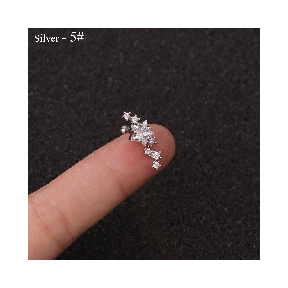 (silver-5) Rose Curved Cz Cartilage Stud Helix Rook Conch Screw Back Earring 10g Stainless Steel Ear Piercing Jewelry