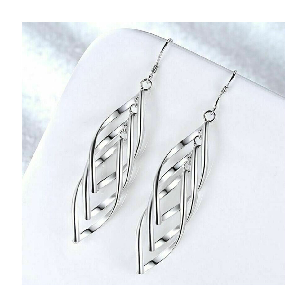 (Silver) 925 Silver Gold Long Triple Leaf Drop Dangle Hook Earrings Women Jewellery Gift