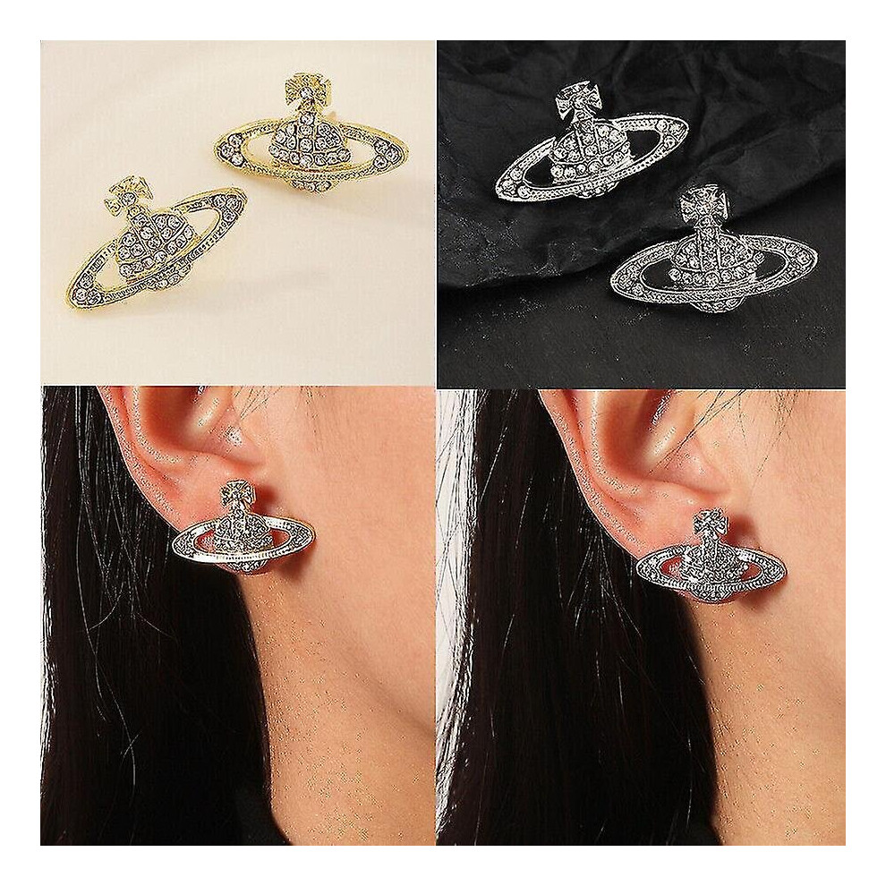 (Silver) Crystal Saturn Heart Orb Drop Dangle Stud Earrings Rhinestone Silver Gold - Image 2