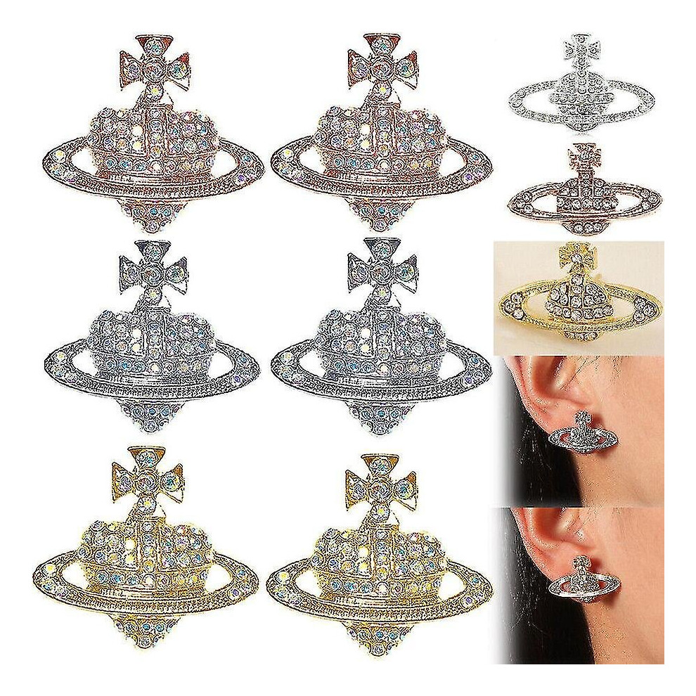 (Silver) Crystal Saturn Heart Orb Drop Dangle Stud Earrings Rhinestone Silver Gold - Image 3