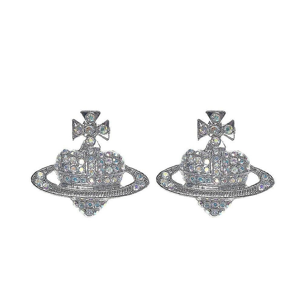 (Silver) Crystal Saturn Heart Orb Drop Dangle Stud Earrings Rhinestone Silver Gold - Image 4