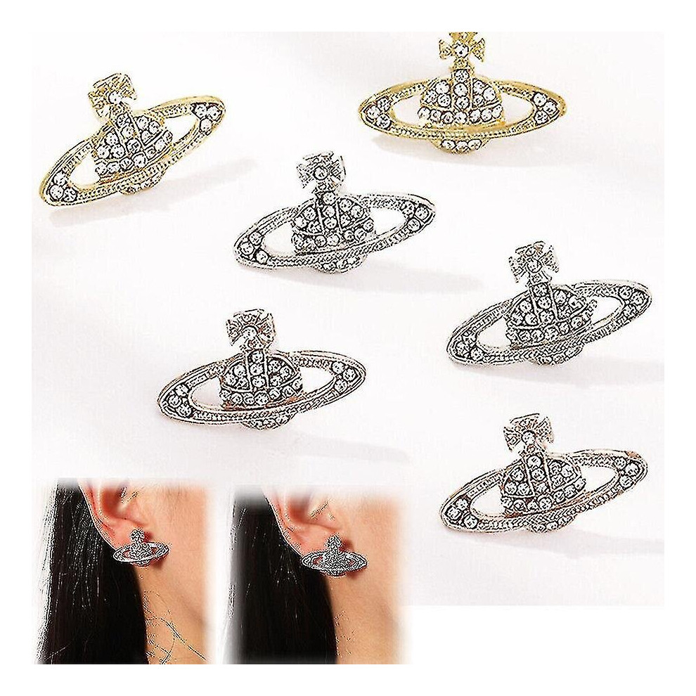 (Silver) Crystal Saturn Heart Orb Drop Dangle Stud Earrings Rhinestone Silver Gold - Image 5